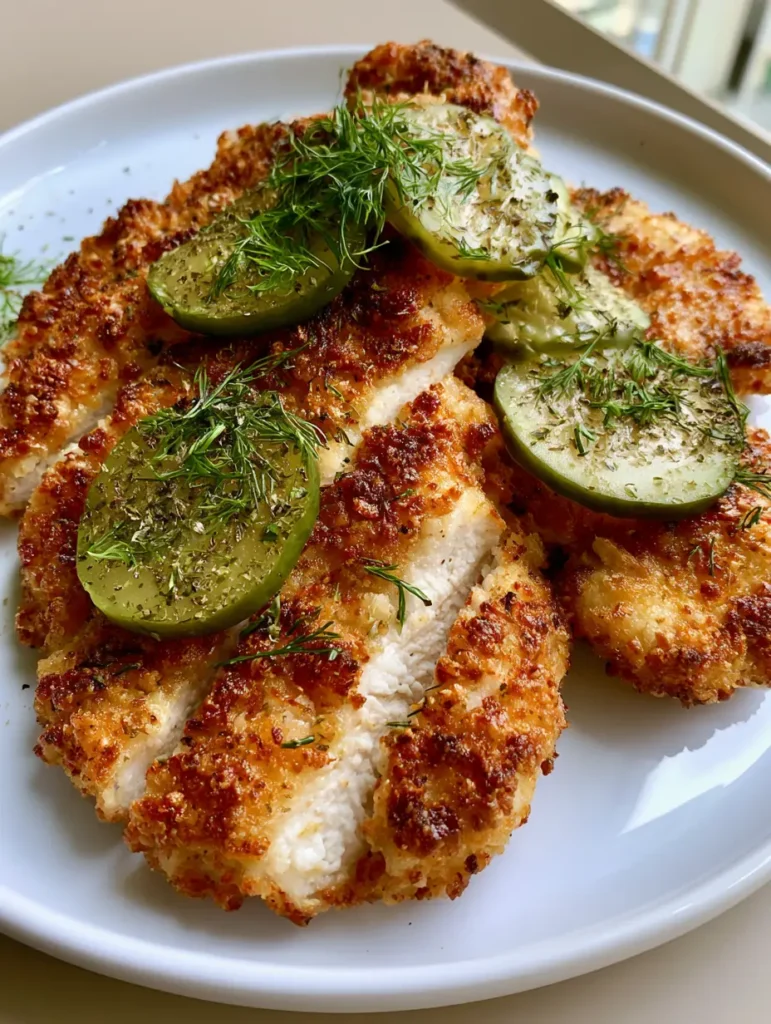 Dill-Gurken-Hähnchen serviert auf einem minimalistischen weißen Keramikteller mit frischen Kräutern.