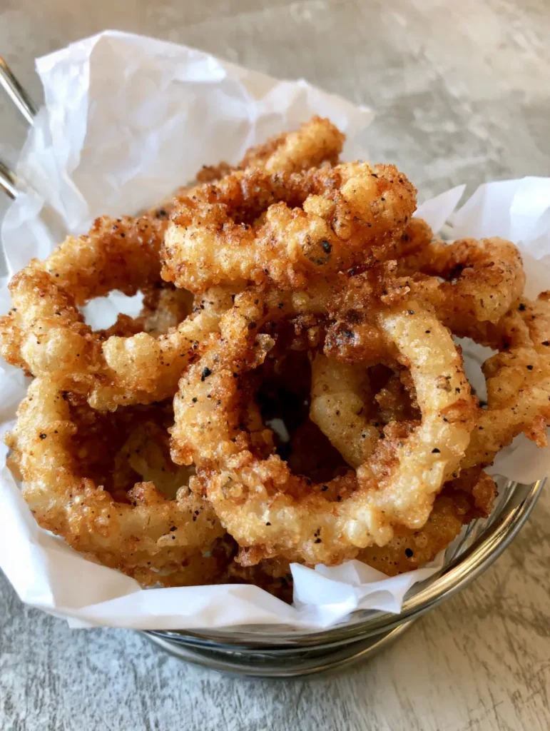 Draufsicht auf frisch frittierte Zwiebelringe mit sichtbaren Pfefferkörnern im Teig.