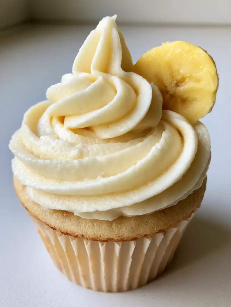 Ein Vanille-Cupcake mit dickem Bananen Frosting in einem neutralen Papierförmchen in weichem Tageslicht.