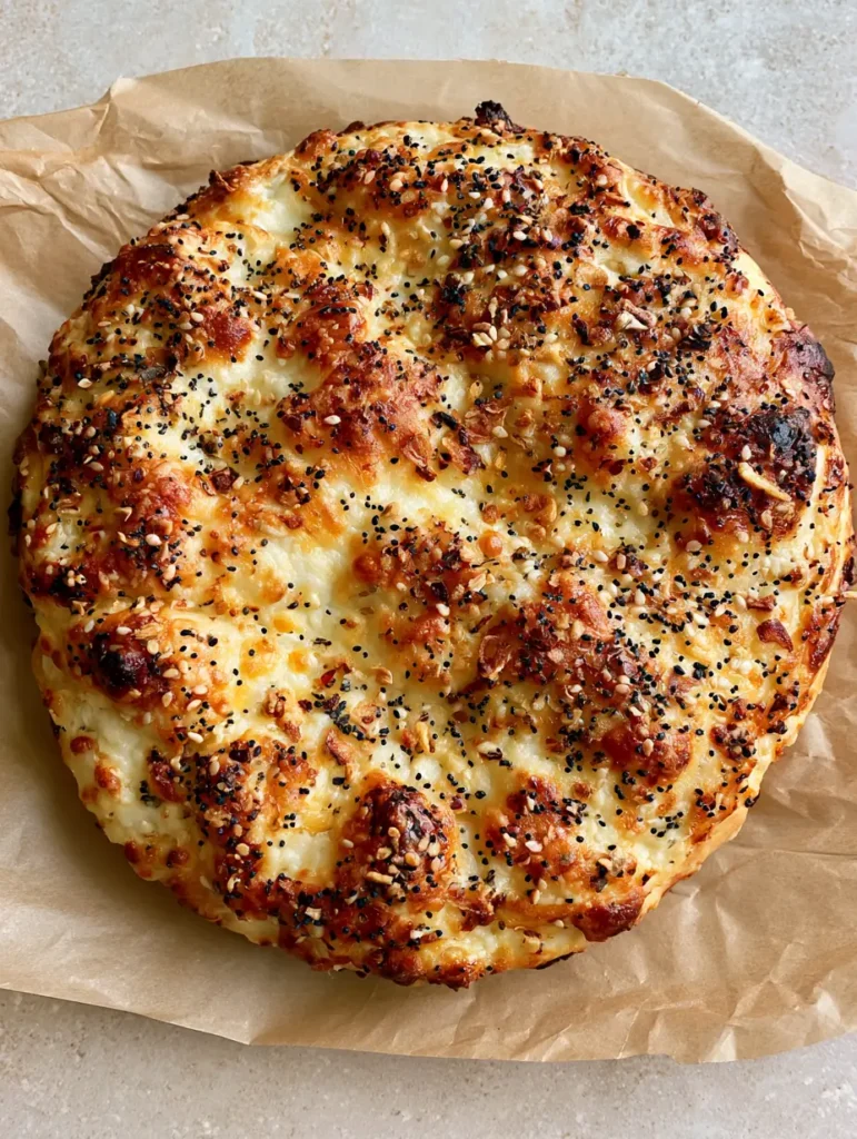 Draufsicht auf ein fertig gebackenes Fladenbrot aus Hüttenkäse mit reichhaltigem Körner-Topping.