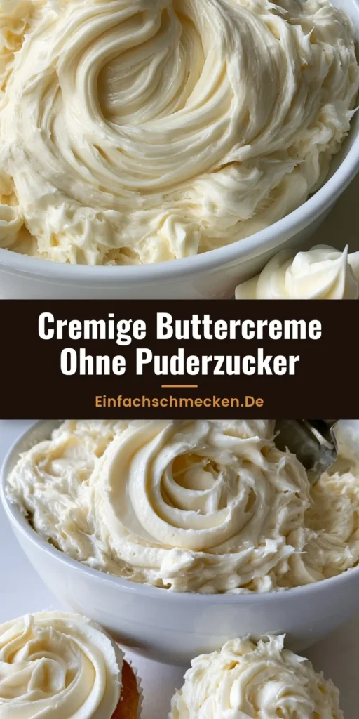Nahaufnahme einer Schüssel mit glänzend elfenbeinfarbener Russischer Buttercreme und einer gespritzten Rose auf einem Cupcake.