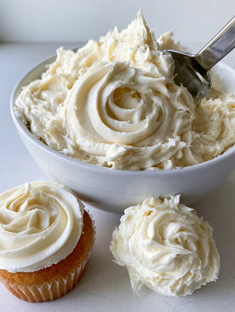 Ein Metallspachtel zieht eine tiefe Spur durch die seidig-glatte Russische Buttercreme in einer Schüssel.