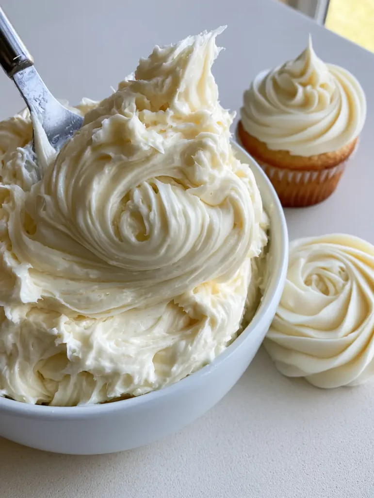 Ein Cupcake mit einem perfekt gespritzten Rosen-Swirl aus Russischer Buttercreme neben einer Schüssel Frosting.