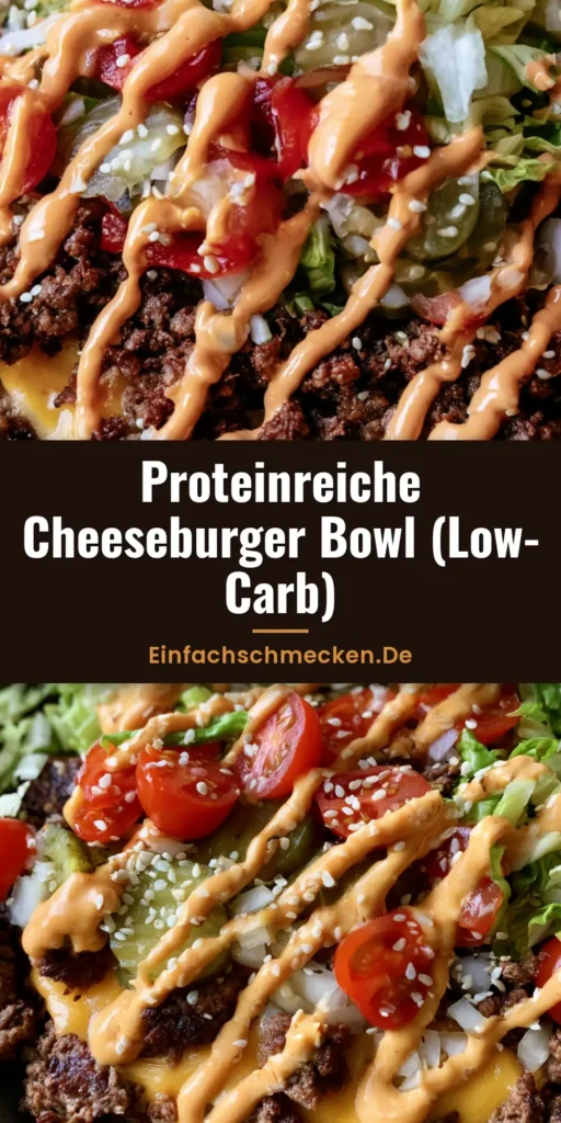 Draufsicht einer Cheeseburger Bowl Low Carb mit krümeligem Rinderhack, geschmolzenem Cheddar, Eisbergsalat, Tomaten und cremiger Sauce in einer grauen Schüssel.