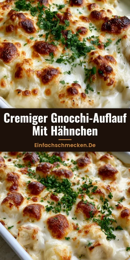 Cremiger Gnocchi Auflauf mit Hähnchen in einer weißen Auflaufform mit goldbraun gebackener Käsekruste und frischer Petersilie.