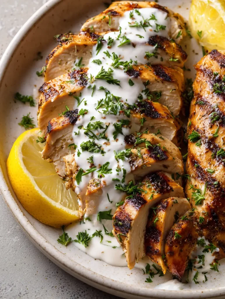 Griechische Hähnchen-Marinade auf gegrilltem Fleisch, garniert mit Oregano und Petersilie.