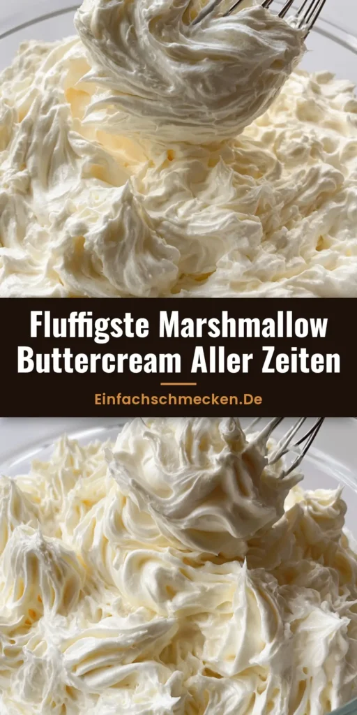 Nahaufnahme von weißer Marshmallow Buttercreme in einer Glasschüssel mit Schneebesen. (Marshmallow Buttercream Rezept)