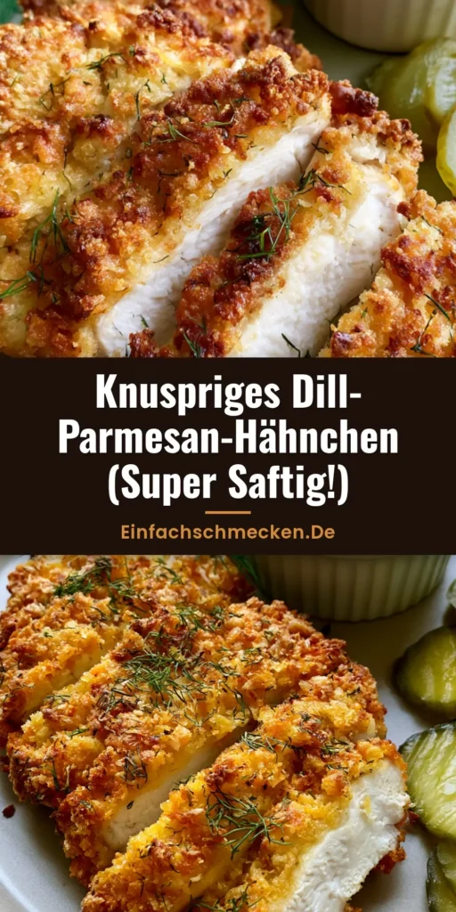 Knuspriges Dill-Parmesan-Hähnchen mit weißem Dip und frischem Dill auf einem Teller serviert.