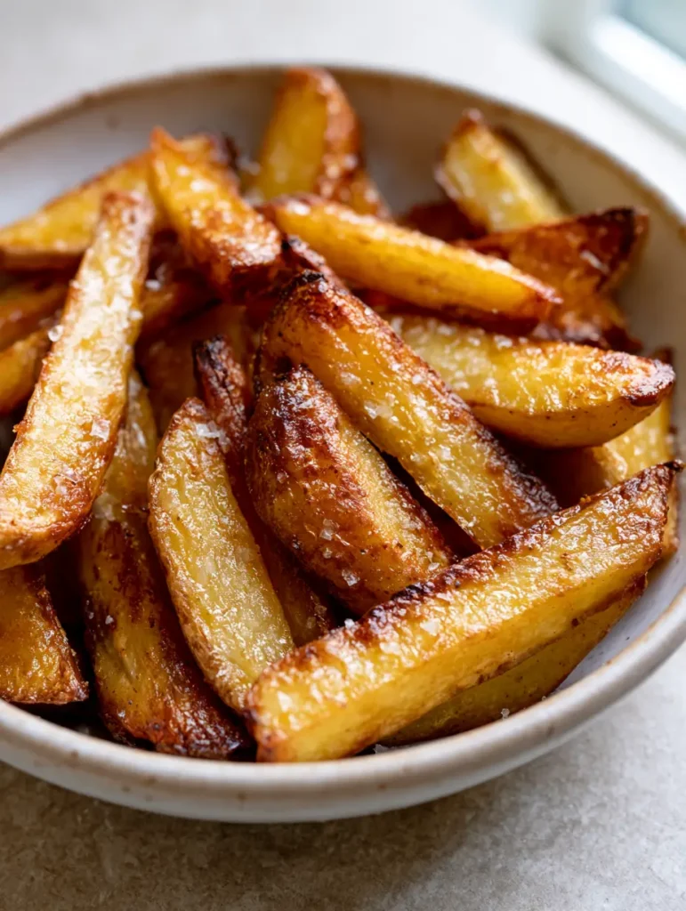 Nahaufnahme von handgeschnittenen Pommes Heißluftfritteuse mit Salzkruste.
