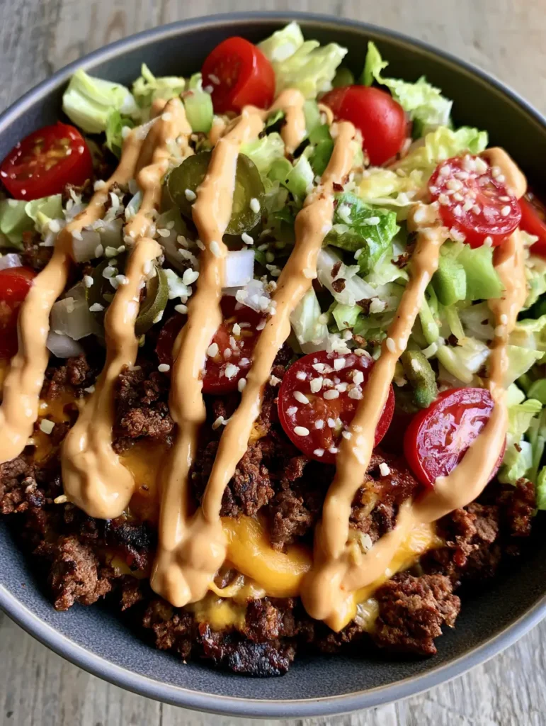 Nahaufnahme einer Cheeseburger Bowl Low Carb mit perfekt gebräuntem Fleisch und viel geschmolzenem Käse.