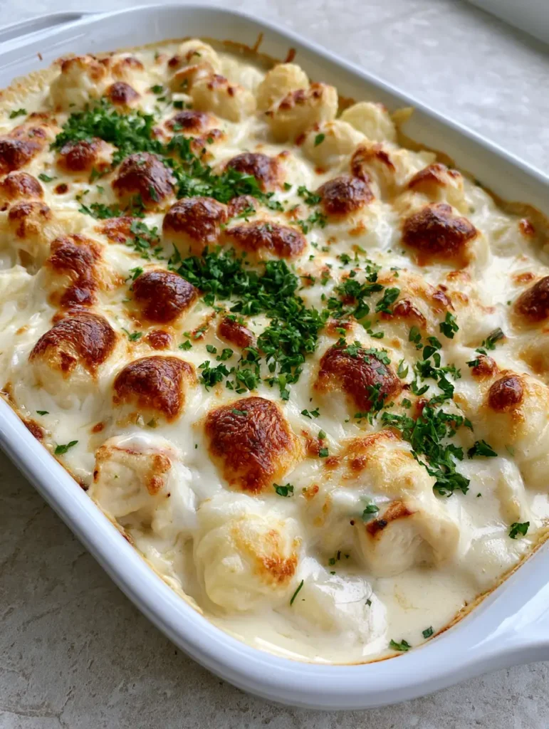 Nahaufnahme von Gnocchi Auflauf mit Hähnchen, zartem Fleisch und dicker weißer Alfredo-Sauce.