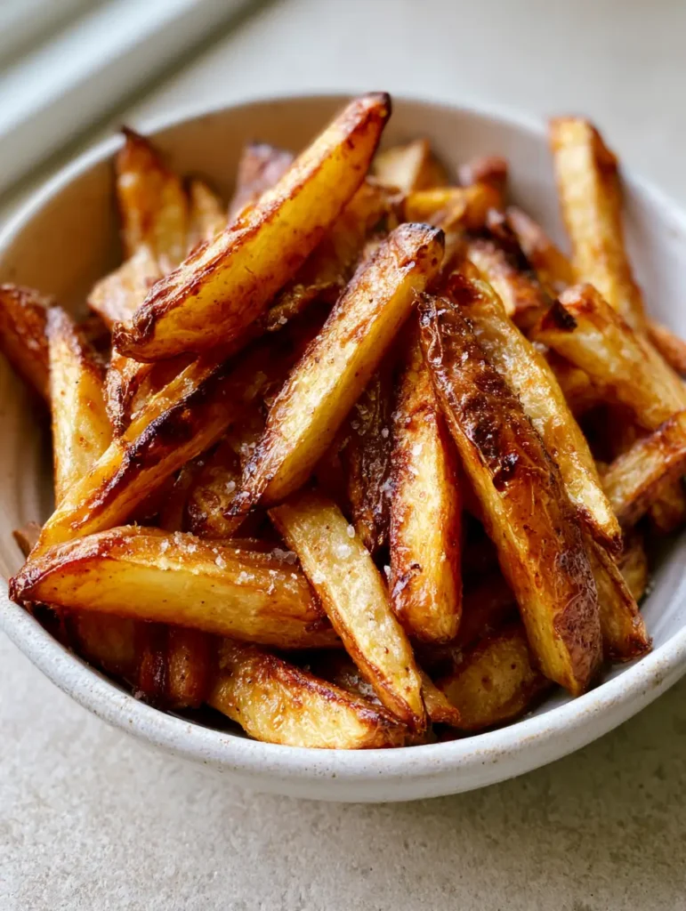 Rustikale Pommes Heißluftfritteuse in einer Keramikschüssel auf Steinuntergrund.