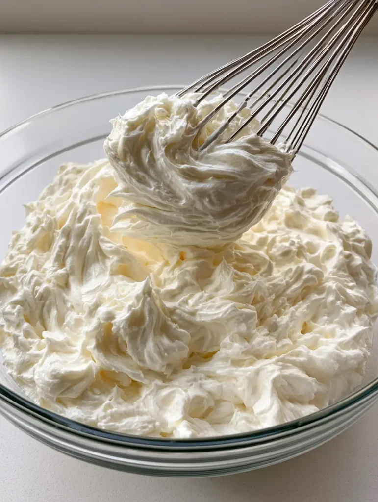 Luftige weiße Buttercreme mit Marshmallow Fluff in einer Rührschüssel. (Marshmallow Buttercream Rezept)