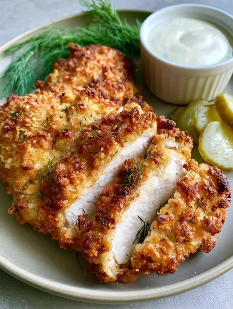 Nahaufnahme von Dill-Parmesan-Hähnchen in goldbrauner Panko-Panade mit Kräutern.