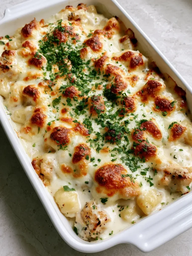 Gnocchi Auflauf mit Hähnchen direkt aus dem Ofen in einer weißen Keramikform.
