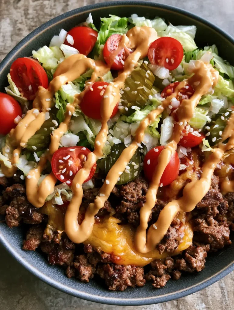 Fertig angerichtete Cheeseburger Bowl Low Carb mit Zickzack-Sauce und Sesamsamen Bestreuung.