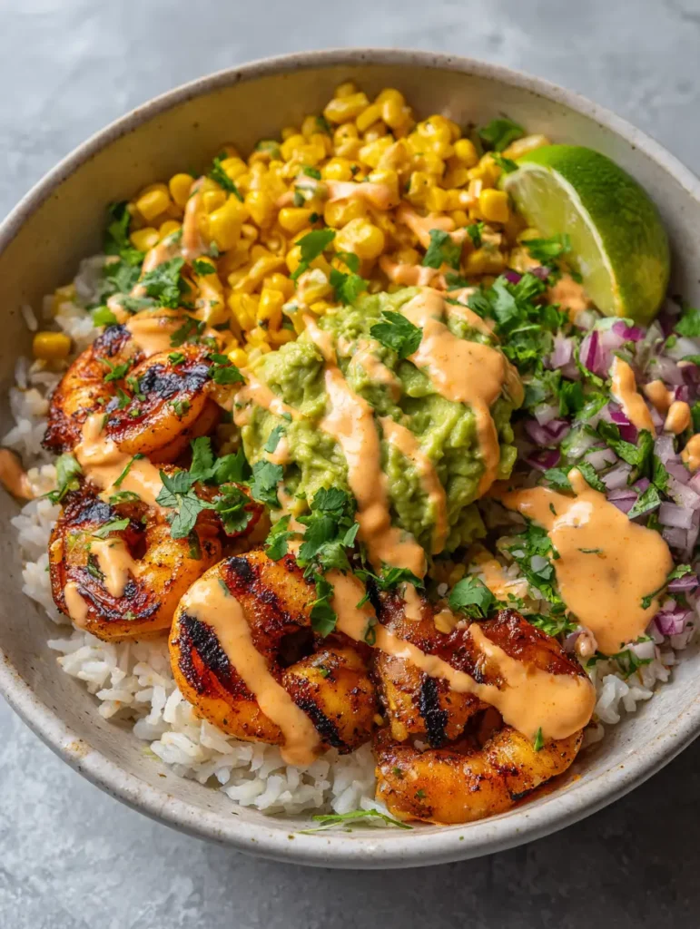 Gegrillte Garnelen-Bowl mit Avocado und Spicy Lime Sauce 1 Detailaufnahme der gegrillten Garnelen mit Brandstreifen und der würzigen Limetten-Sauce in der Bowl.