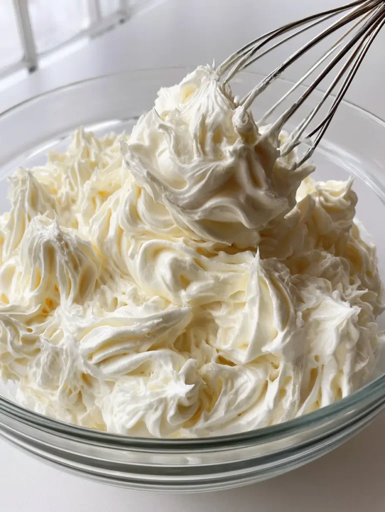 Ein Schneebesen zieht eine glatte Spitze aus der ivory-weißen Buttercreme.