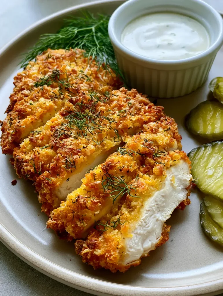 Dill-Parmesan-Hähnchen serviert mit einem cremigen Dip und Essiggurken auf einem Keramikteller.
