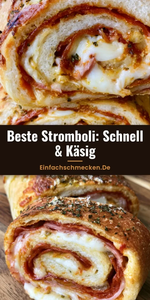 Nahaufnahme eines aufgeschnittenen Stromboli mit schmelzendem Mozzarella und Salami. (Stromboli Rezept)