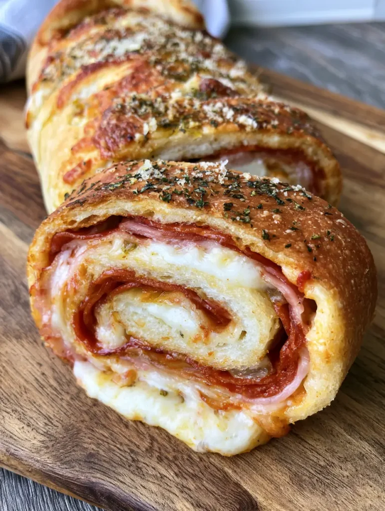 Goldbraun gebackener Stromboli auf einem rustikalen Holzbrett mit Petersilie bestreut. (Stromboli Rezept)