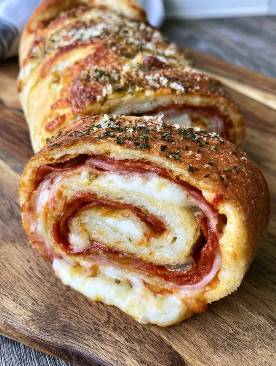 Goldbraun gebackener Stromboli auf einem rustikalen Holzbrett mit Petersilie bestreut. (Stromboli Rezept)