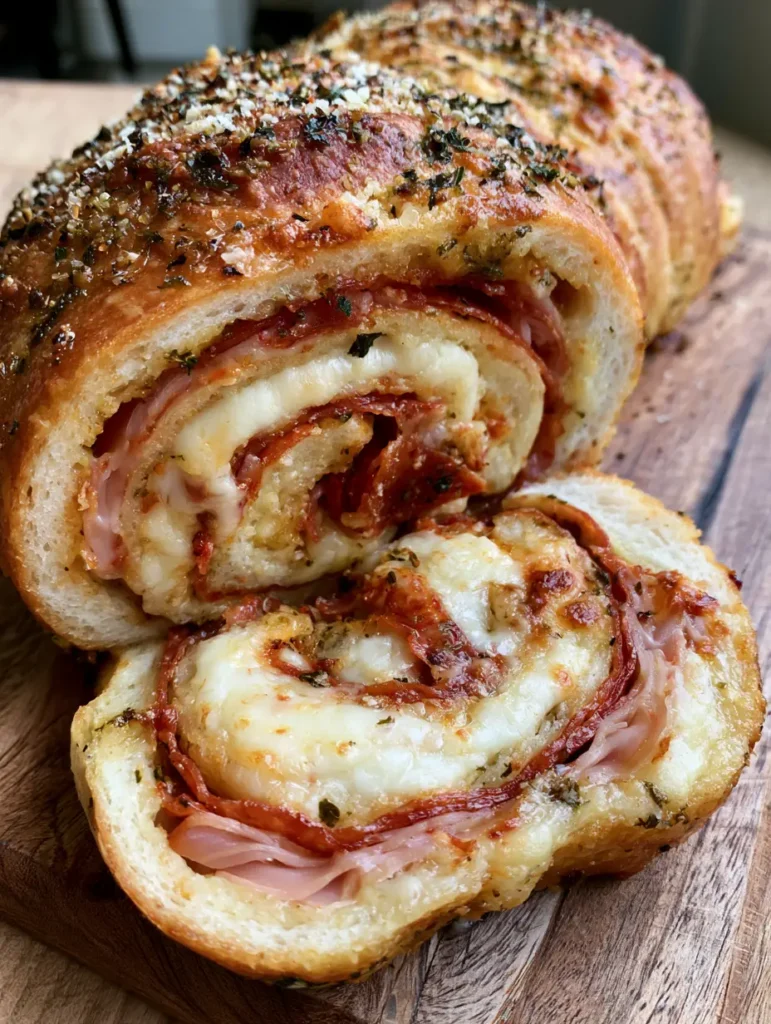 Dicke Scheiben eines Strombolis zeigen die spiralförmigen Schichten aus Käse und Schinken.