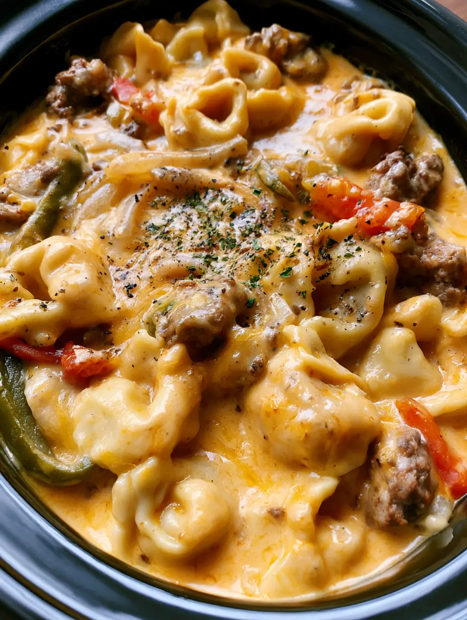 Crockpot Tortellini Rezept: Cremiges Cheesesteak-Abendessen aus dem Slow Cooker 3 Nahaufnahme von Käse-Tortellini in einer dicken orangefarbenen Käsesauce mit Paprika und Fleisch. (Crockpot Tortellini Rezept)