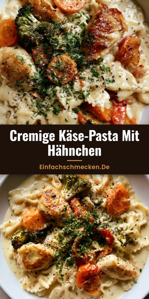 Draufsicht auf Pasta mit Hähnchen und Käsesauce in einer weißen Schale mit Petersilie und Pfeffer.