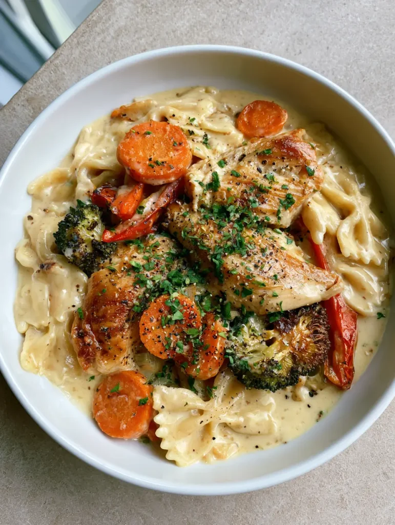 Nahaufnahme von Farfalle Nudeln in glänzender Käsesauce mit geröstetem Brokkoli und Hähnchen.