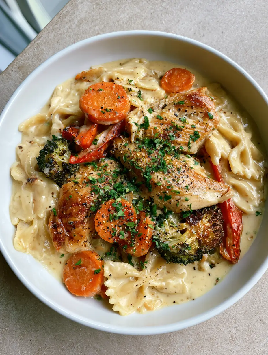 Nahaufnahme von Farfalle Nudeln in glänzender Käsesauce mit geröstetem Brokkoli und Hähnchen.