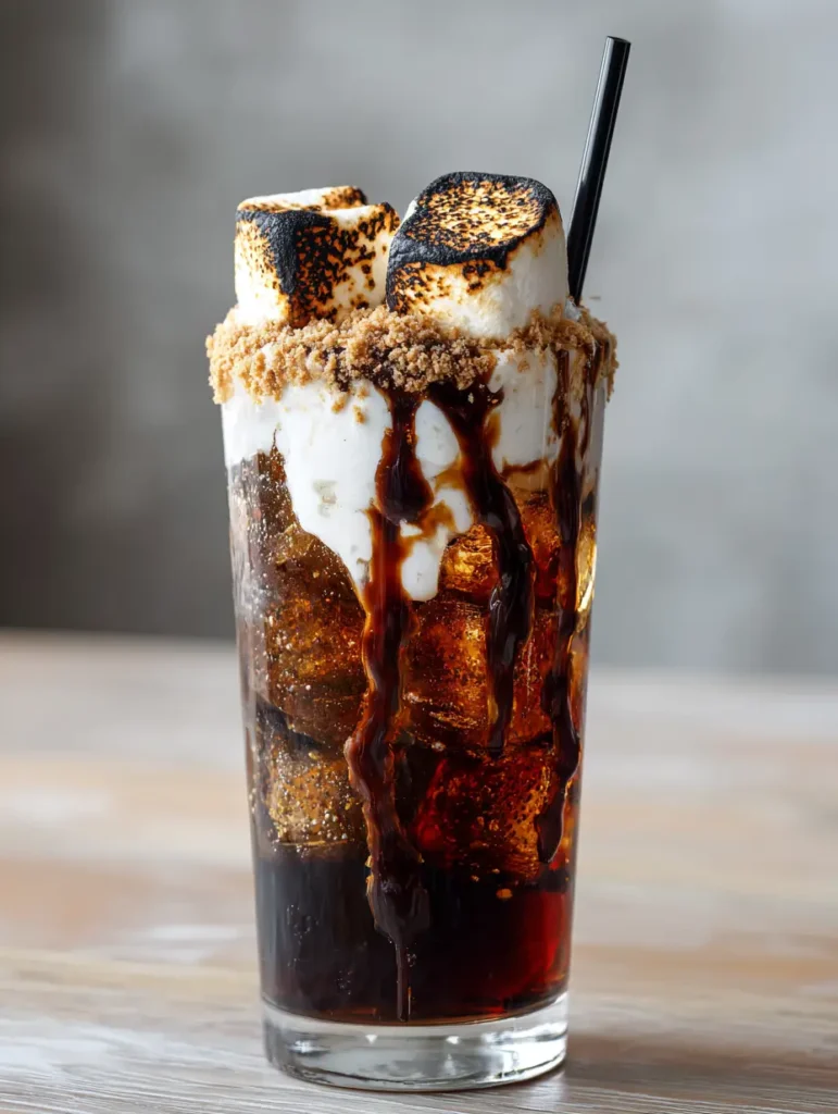 Seitenansicht eines Glases Dirty Soda mit Schokoladendrizzle und Keksbröseln.