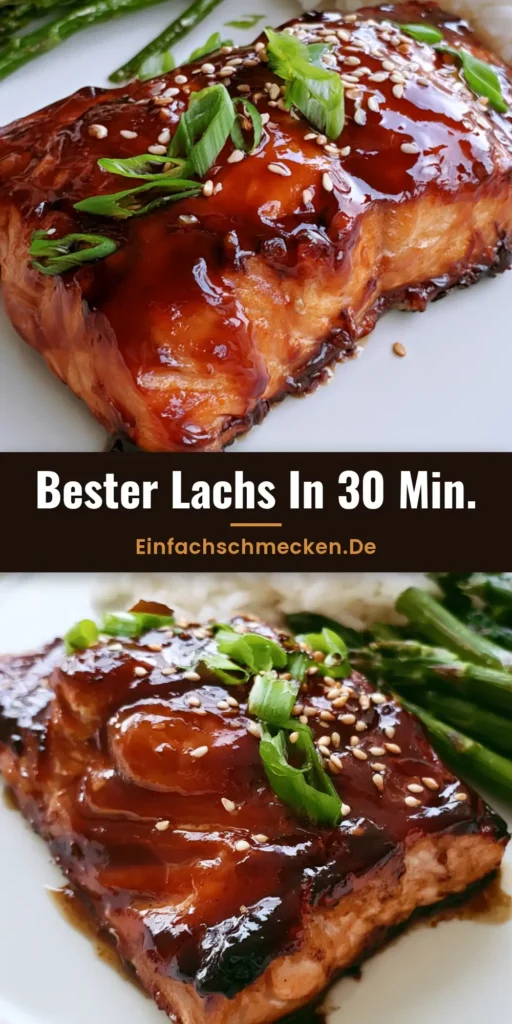 Ein perfekt gebackenes Lachs mit Brauner Zucker Glasur serviert mit Jasminreis und grünem Spargel auf einem weißen Teller.