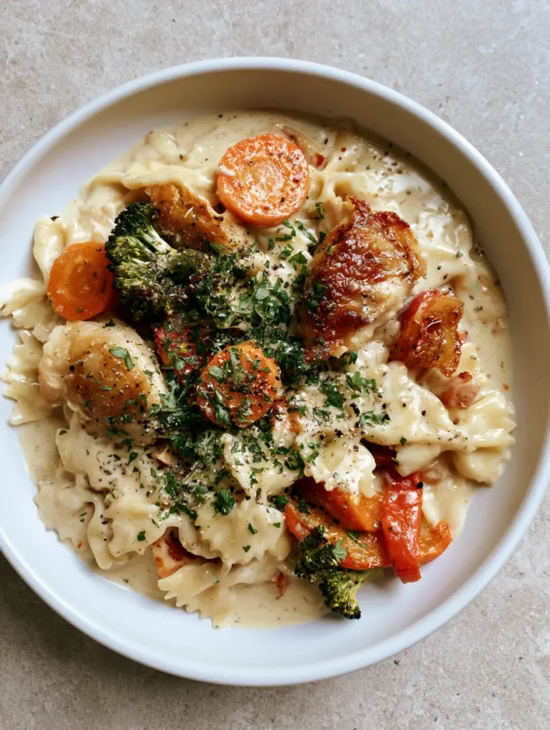Servierfertige Pasta mit Hähnchen und Käsesauce in einer minimalistischen Schale.