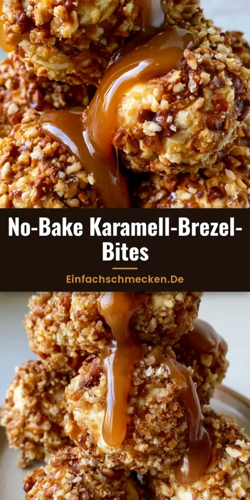 Ein Stapel kleiner runder No-Bake Cheesecake Bites, umhüllt von zerstoßenen Salzbrezeln und großzügig mit bernsteinfarbener Salzkaramell-Sauce übergossen auf einem Keramikteller.
