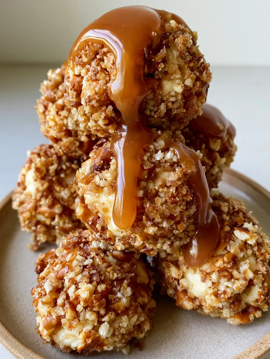 Nahaufnahme von No-Bake Cheesecake Bites mit einer knusprigen Brezel-Kruste und glänzendem Karamell.