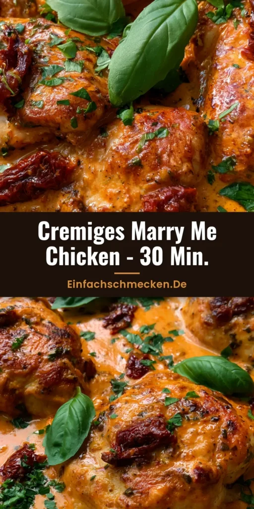 Marry Me Chicken Rezept: Das cremigste Hähnchen-Gericht für Genießer 4 Draufsicht auf eine Pfanne mit Marry Me Chicken Rezept, goldbraunes Hähnchen in cremiger oranger Sauce mit Basilikum.