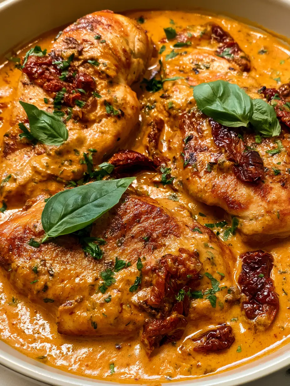 Marry Me Chicken Rezept: Das cremigste Hähnchen-Gericht für Genießer 3 Nahaufnahme von Marry Me Chicken in der Pfanne mit getrockneten Tomaten und Kräutern.