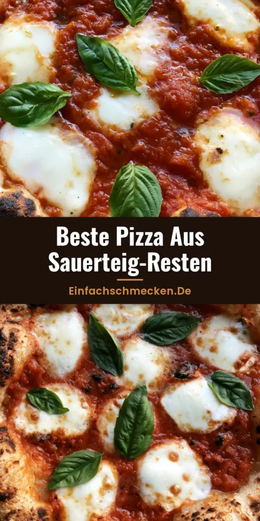 Sauerteig Reste Pizza: Die knusprigste Art, Deinen Discard zu verwerten 4 Draufsicht auf eine rustikale Sauerteig Reste Pizza mit knusprigem Rand, Brandblasen, Tomatensauce, Mozzarella und frischem Basilikum.