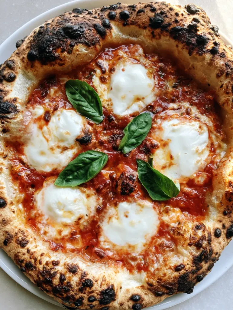 Nahaufnahme einer Sauerteig Reste Pizza mit perfekten 'Leopard Spots' auf der Kruste und schmelzendem Mozzarella.