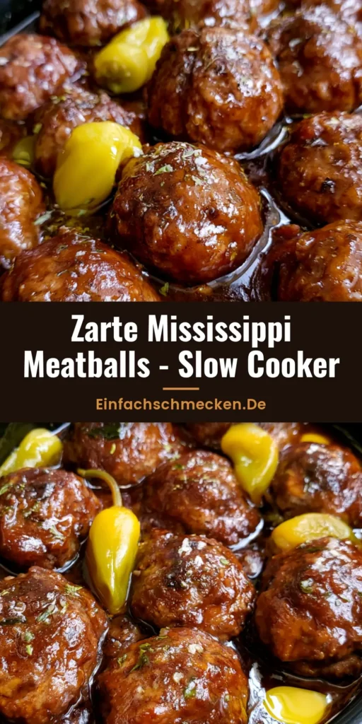 Dunkle, glänzende Slow Cooker Meatballs in einer kräftigen Sauce mit ganzen Peperoni und Butteraugen.