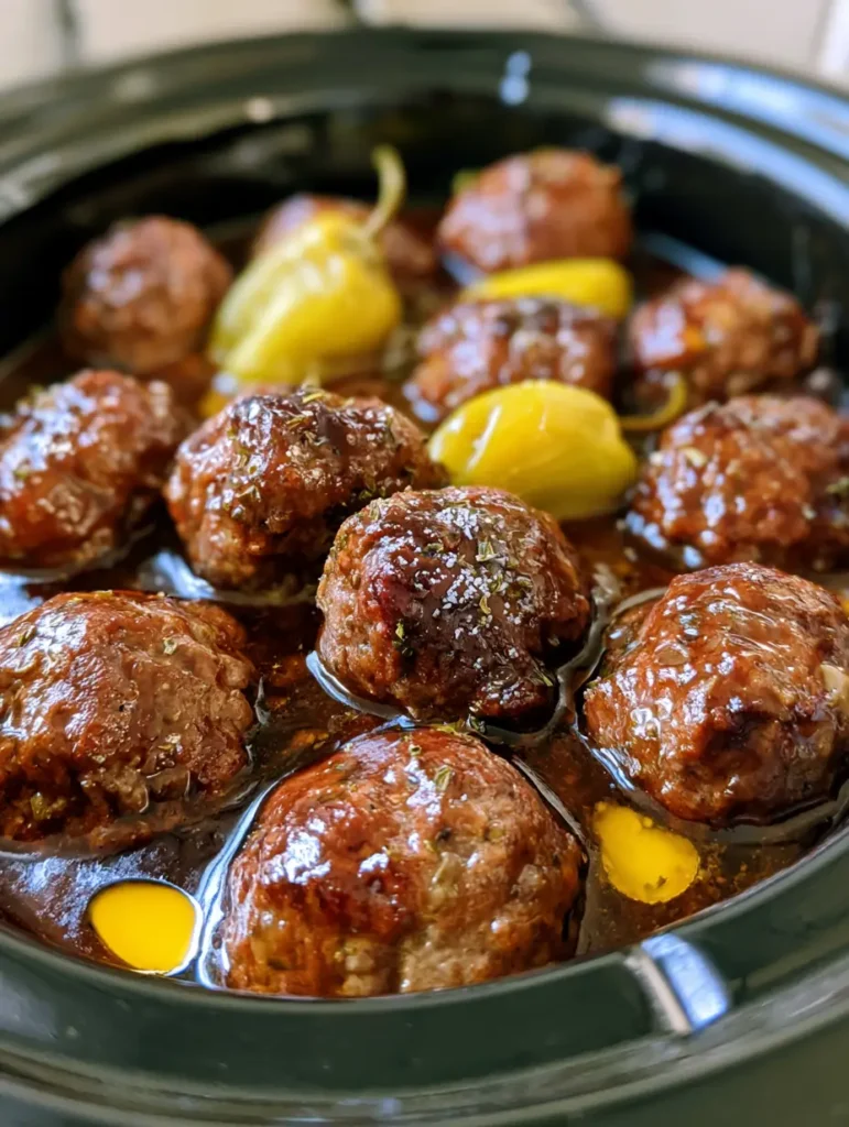 Nahaufnahme von Slow Cooker Meatballs in einem schwarzen Keramikeinsatz mit glänzender Gravy.
