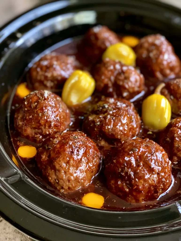 Dunkelbraune Fleischbällchen im Slow Cooker mit Kräutern und gelben Peperoni.