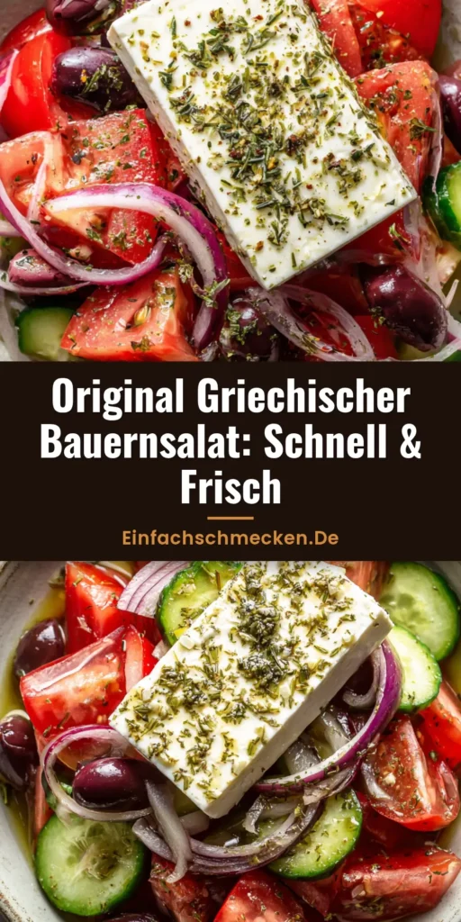 Griechischer Bauernsalat in einer rustikalen Schüssel mit ganzem Feta-Block, Tomaten, Gurken und Kalamata Oliven.