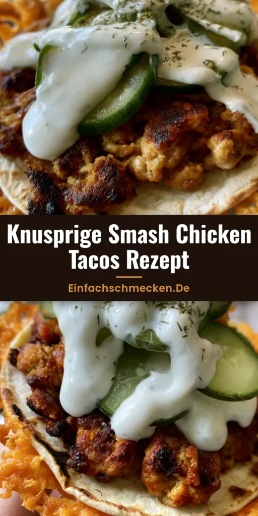 Nahaufnahme eines Smash Chicken Tacos in der Hand mit knuspriger Käsekruste, Ranch-Dressing und Dillgurken.