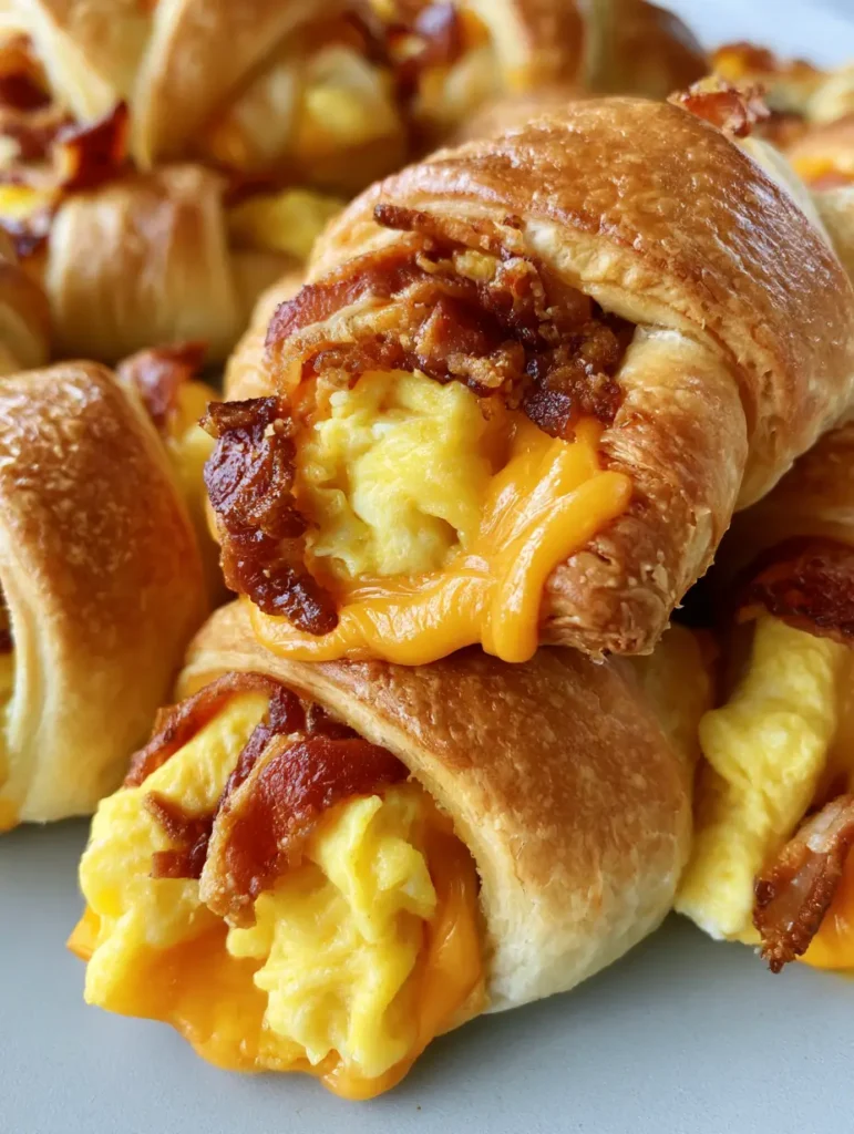 Herzhafte Frühstücks-Hörnchen mit Rührei, krossem Speck und Cheddar 1 Detailansicht der Füllung der Herzhaften Frühstücks-Hörnchen mit fluffigem Ei und knusprigem Speck.