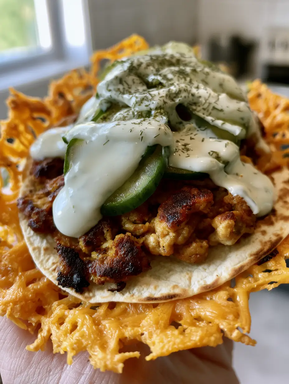 Ein Smash Chicken Taco wird in der Hand gehalten, man sieht deutlich das flachgedrückte Hähnchenfleisch und die weiße Sauce.