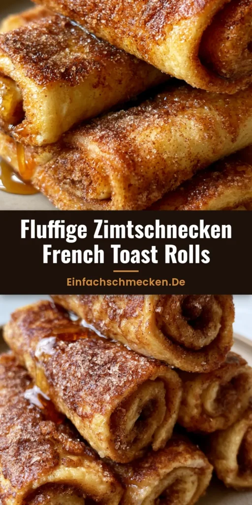 Goldbraun geröstete Zimtschnecken French Toast Roll-Ups auf einem Keramikteller, mit Ahornsirup beträufelt und einer glitzernden Zimt-Zucker-Kruste.