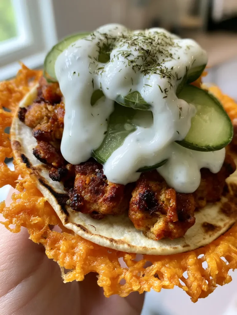 Detailansicht der goldenen Käsekruste (Cheese Lace) an einem Smash Chicken Taco.