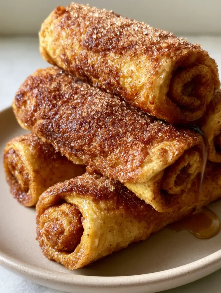Ein Stapel fertiger Zimtschnecken French Toast Roll-Ups mit glänzendem Ahornsirup und feinen Zuckerkristallen.